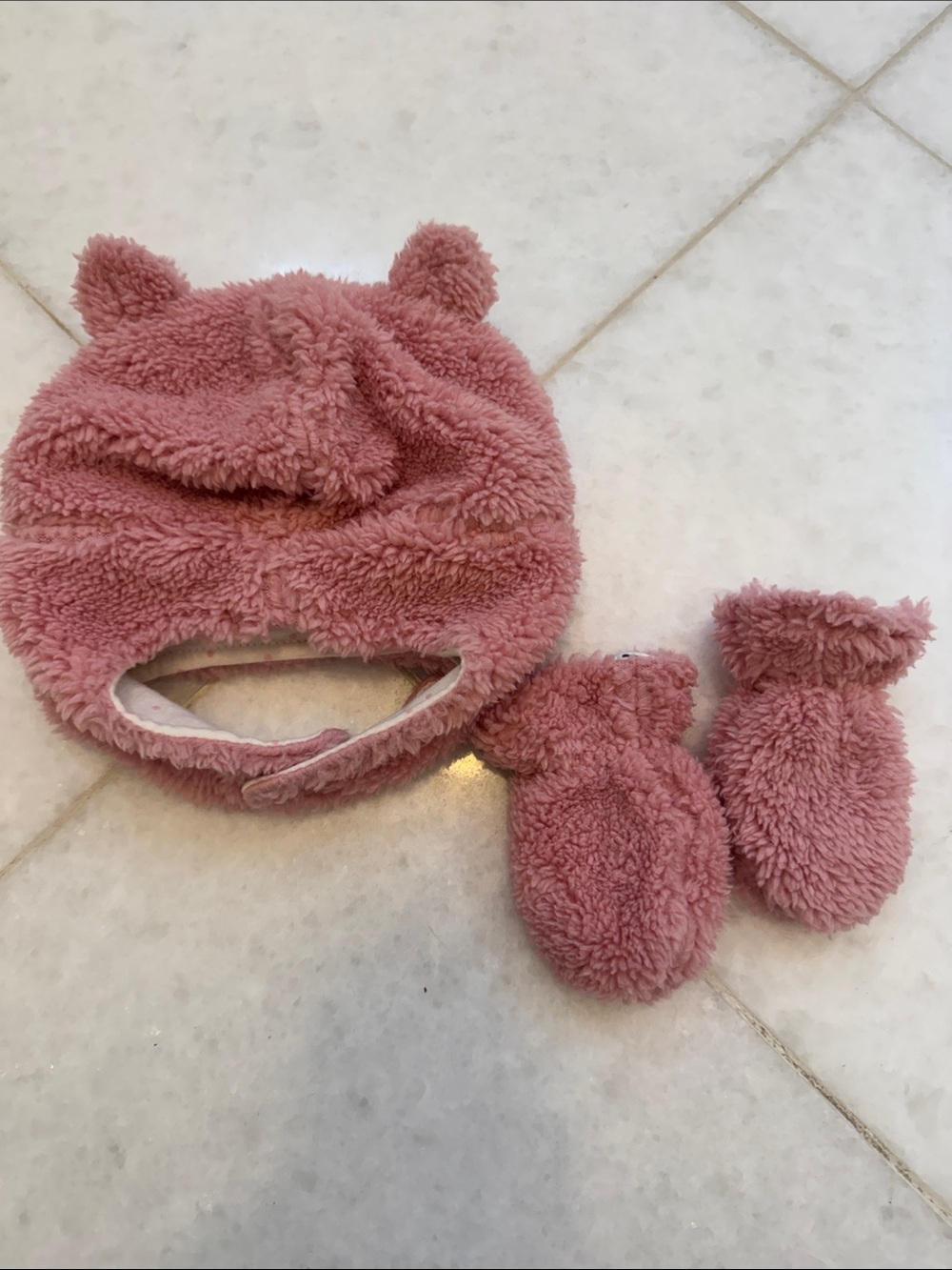 Kids Plush Bear Hat and Mittens Set - Dusty Pink, 0-9M